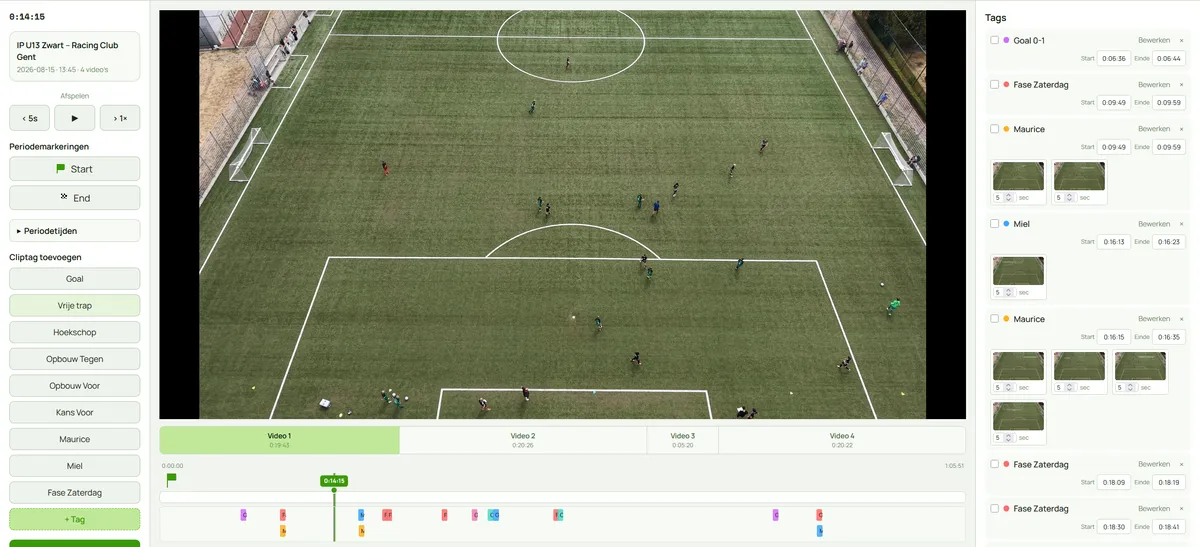 SVS video viewer met wedstrijdbeeld, tijdlijn, cliptags en tagoverzicht